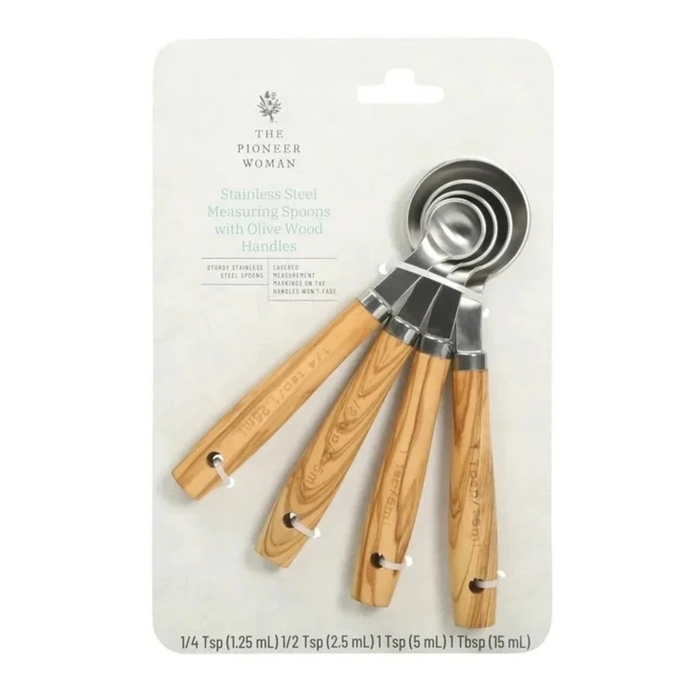 NewThe Pioneer Woman 4-Piece Stainless Steel Measuring Spoons Olivewood Handles - Picture 2 of 2